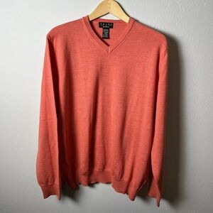 Valda Sweater Mens Large Coral Red 100% Merino Wool V Neck Pullover Made Italy
